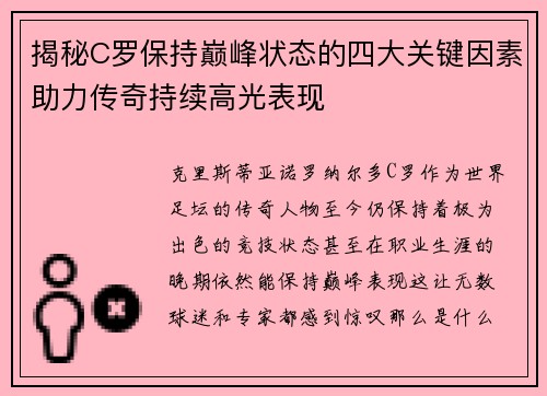 揭秘C罗保持巅峰状态的四大关键因素助力传奇持续高光表现 揭秘C罗保持巅峰状态的四大关键因素助力传奇持续高光表现