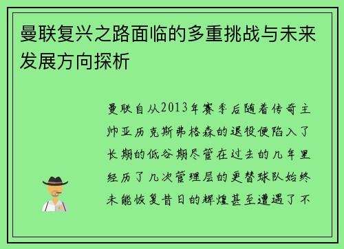 曼联复兴之路面临的多重挑战与未来发展方向探析