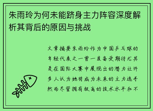 朱雨玲为何未能跻身主力阵容深度解析其背后的原因与挑战